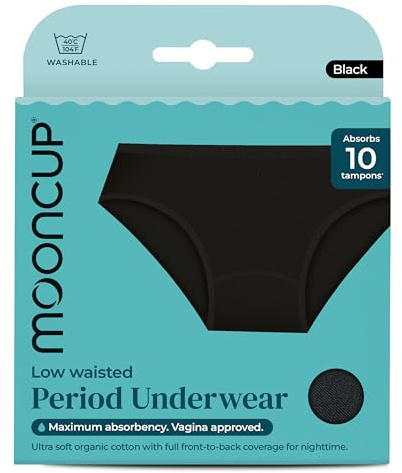 Mooncup Culotte Menstruelle Taille Basse, Absorbant Jusqu'à 10 Tampons, Lavable En Machine, Taille L (UK 14), Noire (Lot De 1).