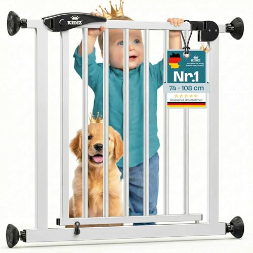 KIDIZ Barrera de seguridad para escaleras sin taladrar | Ancho ajustable: 88 – 94 cm, 75 cm de alto, rejilla de protección para puerta y barrera para niños y perros, apertura de una sola mano, sistema