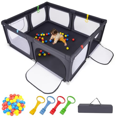 COSTWAY Baby Playpen for Babies and Toddlers, Large Baby Fence with Ocean Balls, 4 Pull Rings, Breathable Mesh, Toddler Safety Playard for Indoor Outdoor (Dark Grey, 186 x 156cm)