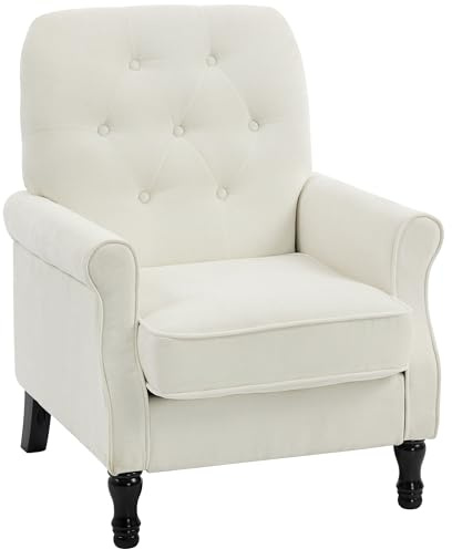 HOMCOM Sillón Relax, Sofá Individual, Tapizado en Lino, Asiento Acolchado Grueso, Respaldo Capitoné, Patas de Madera Maciza, Butaca para Salón, Dormitorio y Oficina, Crema