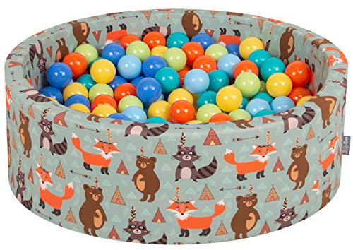 KiddyMoon 90X30cm/200 Palline ∅ 7CM Piscina di Palline Colorate per Bambini Tondo Fabbricato in EU, Volpe-Verde:Verdech/Aranc/Turch/Blu/Azzurro/Gial.