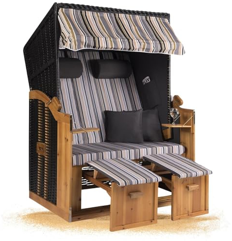 Strandkorb Hanse Strandkorb Ostsee XXL Volllieger Anthrazit - 2-Sitzer 120cm breit, ideal für Garten, Terrasse und Balkon (Oliv Grau Weiß Gestreift, Zerlegt)