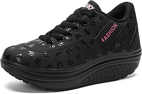 Solshine Damen Fashion Plateau Schnürer Sneakers Dämpfung Keilabsatz Fitnessschuhe 016 Schwarz1 38EU