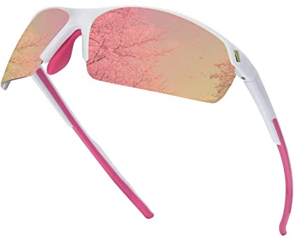 SKYWAY Polarized Sunglasses Women Men,Wrap-Around Sports Sunglasses for Cycling Running Fishing Baseball UV Protection SS8006 (White Frame/Pink Lens)