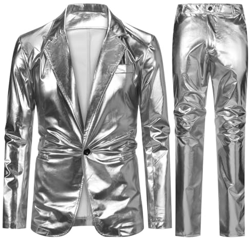 Allthemen Mens Shiny 2 Piece Suits 1 Button Blazer Trouser Silver M