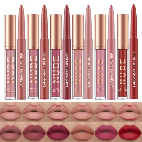 LANGMANNI 6 Matte Lipstick with 6 Lipliners Durable Lip Gloss,Long-Lasting&Waterproof Non-Stick Cup High Pigmented Velvet Lipgloss Kit,Beauty Cosmetics Gift for Girls(12Pcs-#C)