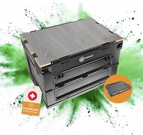 Bushpeak FLEXBOX 50L Camping Box zum Transport - Camping Küche faltbar Outdoor mit Stabiler Arbeitsplatte - Aufbewahrungsbox für Camper zusammenklappbar (Schwarz)