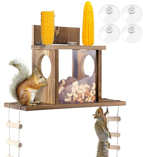 Enhon Wood Squirrel Feeder for Outside, Window Squirrel Feeder with Transparent Viewing, Ladders & Removable Front Panel, Funny Durable Carbonized Wooden Feeding Picnic Table for Chipmunk Peanut Corn