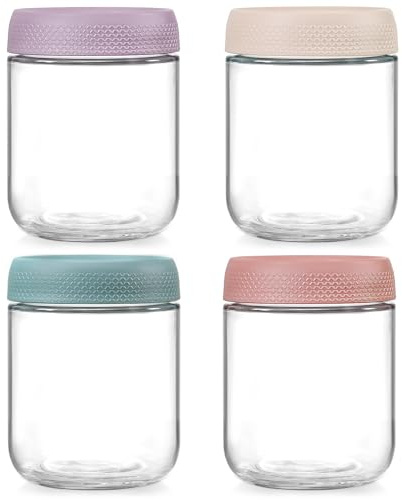 NETANY 4-pack 16oz Glass jars with Airtight Lids, Overnight Oats Containers with Lids, Wide mouth Mason Salad jars, Glass Food Storage Containers for Snacks Yogurt Spice Sugar