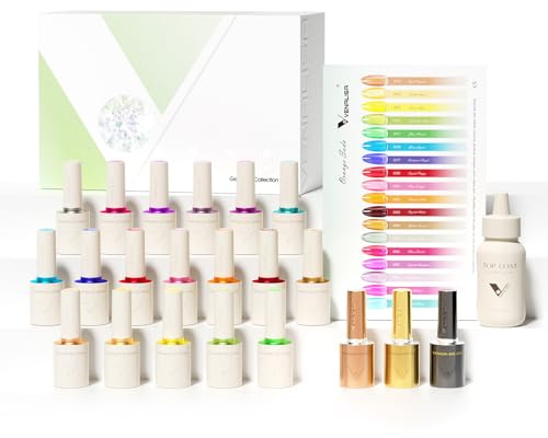 VENALISA Esmaltes Semipermanentes para Uñas 18 Color Juego de esmalte uñas UV Gel Esmalte Blanco Rosa Azul Púrpura Marrón con capa superior y base para gel salón, diseño iniciación manicura V5