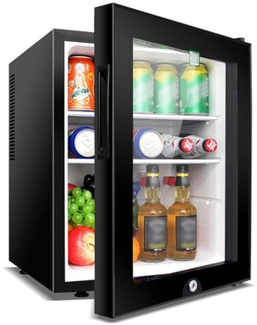 hxoity 40L Mini Fridge Table Top Drinks Refrigerator With Cooling And Heat Function LED Light + Lock And Key Freestanding Under Counter Larder For Hotels, Bedrooms Low Energy A+(Glass door)