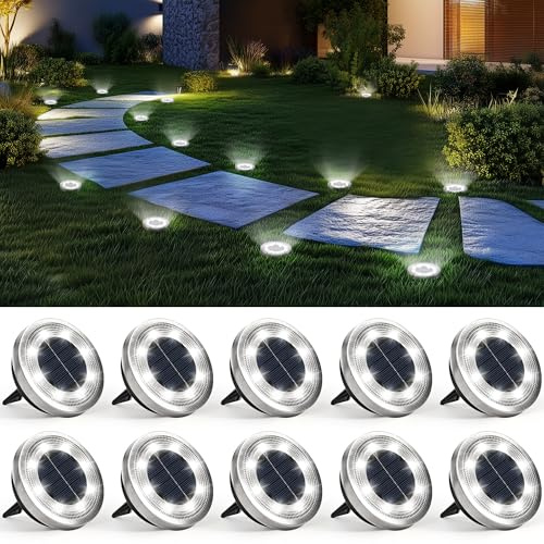 Solpex 10 stycken solcellsgolvlampor utomhus, 8 LED solcellslampor för utomhus trädgård, vattentäta solcellslampor trädgård, LED solcellslampor för utomhusbruk, gård, terrass och vägar (kallvit)