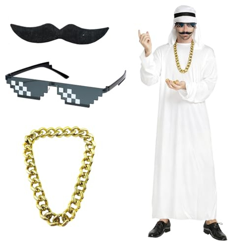 YUVKIN Disfraz de jeque árabe para hombre, incluye túnica árabe blanca, pañuelo a cuadros, gafas de sol, bigote y cadena de oro artificial. Ideal para carnaval, fiestas de disfraces y cosplay (blanco)