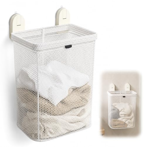 ZoneYan Panier à Linge Mural Suspendu sans Perçage, Grand Panier à Linge en Maille Pliable avec Sac Amovible, Grande Capacité, Fixation par Ventouses, pour Salle de Bain, Buanderie, Chambre