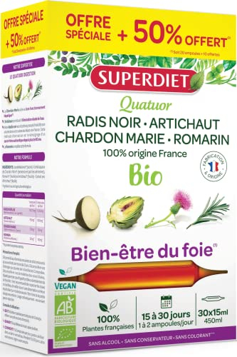 SUPERDIET - QUATUOR BIEN-ÊTRE DU FOIE BIO - Radis noir, Artichaut, Chardon Marie, Romarin - Fabrication française - Format économique - 30 ampoules