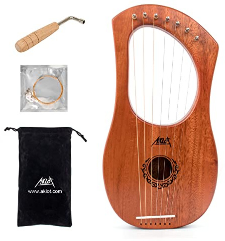 7 String Lyre Harp, AKLOT 7 Metal Strings Lye Harp Bone Saddle Mahogany with Tuning Wrench and Black Gig Bag