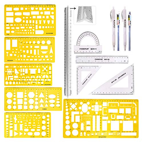 Swpeet 12Pcs Plastic Yellow Geometric Drawings Templates Kit, 4 Different Geometric Measuring Drawings Templates Stencils with 2Pcs Pencil and 4Pcs Measuring Ruler for Drawing Engineering