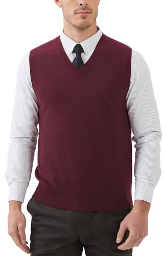 Kallspin Men’s Wool Blend Sweater Vest Sleeveless Jumper V Neck Pullover Smart Casual Knitwear(Burgundy, 2XL)
