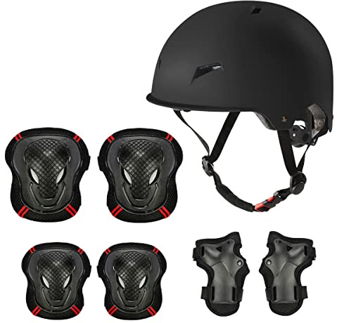 Skaterhelm Skateboard Schonerset Kinder Helm CE-Zertifizierung Schützer Schutzausrüstung Protektoren Knieschoner Ellenbogenschoner Set mit Helm für inliner Fahrrad Rollschuhe Jugendhelme (L, Schwarz)