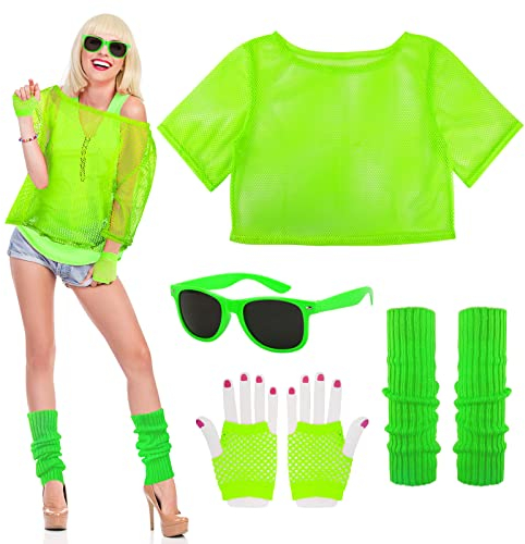 BOFUNX 80er Kostüm Zubehör Damen Herren Neon Netzoberteil Brille Netzhandschuhe Beinstulpen Neon Outfit Fasching Karneval Cosplay Kostüme Accessoires