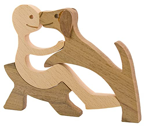 Enkrio Figuras de perro de madera talladas a mano, estatua de escultura humana hecha a mano, acentos artesanales, adorno de madera para decoración de mesa de pie para decoración del hogar
