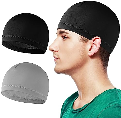 WLLHYF 2 Pieces Skull Caps Stretchy Beanie Soft Cotton Sleep Hats Helmet Liner Sweat Wicking Cap Breathable Headwear for Men Women Skiing Cycling Running Sports (Black+Grey)