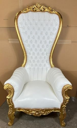 Casa Padrino sillón de Trono Barroco con Cuero Artificial Blanco/Oro - Sillón sillón Real - Sillón de Boda Hecho a Mano - Sillón Gigante Barroco - Muebles barrocos