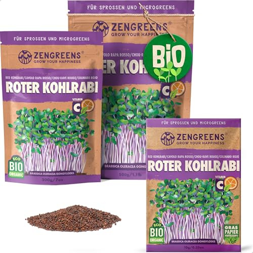 ZenGreens® - EKO Röd Kålrabbi Frön - Välj mellan 10, 200g och 500g - Röd Kålrabbi Frön med en grobarhet på över 97 procent - Groddar av Röd Kålrabbi Frön - Microgreens