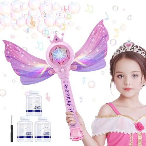 ilauke Seifenblasenmaschine für Kinder, Prinzessin Elektrisch Bubble Stick Zauberstäbe mit abnehmbaren Flügeln, 4000+ Seifenblasen/Min mit 390ML Seifenblasenlösung/Musik für Outdoor/Party/Hochzeit