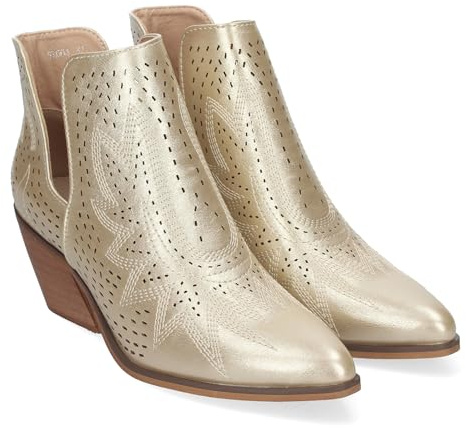 Botines de Tacon Campero para Mujer Primavera Verano Elegantes y Comodos, Diseno Perforado con Estampado en la Pala, Cualquier ocasion.