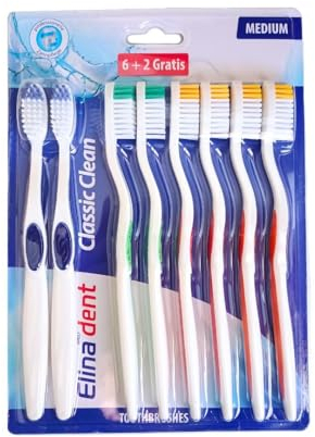 Lot de 8 Brosses à Dents Medium (6 + 2 gratuites). Manche ergonomique antidérapant. Brosse à Dent Manuelle Adulte.