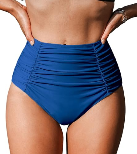 CUPSHE Bas de bikini taille haute pour femme - Contrôle du ventre froncé - Couverture complète - Bas de bain rétro (XS-4XL), bleu marine, L