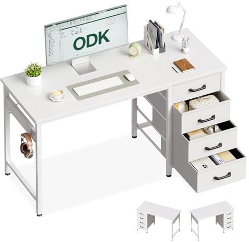 ODK Schreibtisch mit 4 Schubladen, 120×48×75.7cm Computertisch mit Kopfhörer Halter, PC Tisch Reversibler Bürotisch Holz für Heimbüro, Weiß