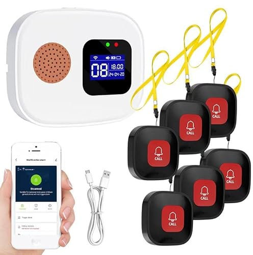 Pulsante di Chiamata di Emergenza per Anziani, Wi-Fi Sistema di Chiamata di Emergenza Intelligente, 6 SOS Pulsanti di Chiamata di Emergenza, 1 Ricevitore Display Digitale, Caregiver Pager per Pazienti