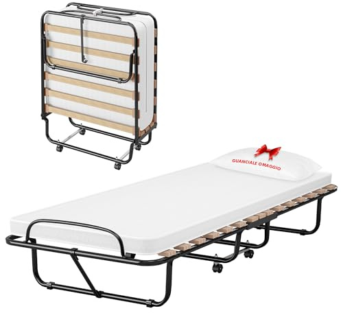 Brandina Pieghevole A Doghe Con Materasso Letto Ospiti Struttura Resistente Con Ruote Prodotto Italiano Branda Ortopedica Richiudibile 80x190 Cm Trasportabile In Omaggio Cuscino e Cover Protettiva