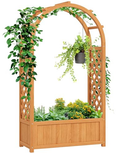 Outsunny Hochbeet Pflanzkasten mit Rankgitter, Gebogendach Spalier Pflanzkübel Holz, Gartenspalier 83x36x145cm für Garten Balkon Terrasse, Blumenkübel für Kletterpflanzen Korbpflanzen, Blumen