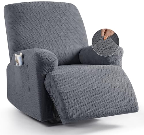 KinCam Funda Sillon Relax reclinable, Funda para Sillón Relax de Jacquard, Funda Sillon orejero Funda Elástica con Bolsillo para Perros y Mascotas, Suave y Lavable Funda Sofa 1 Plaza Gris Oscuro