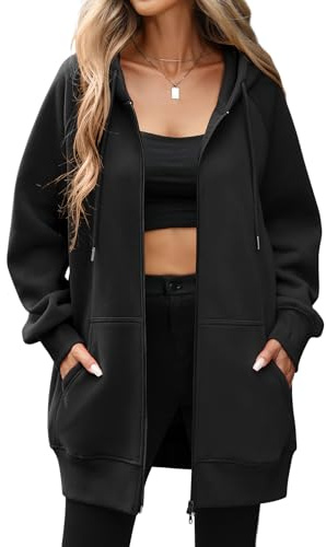Vancavoo Felpa Donna con Zip e Cappuccio Giacca Primaverile Cotone Cappotto Invernale Manica Lunga Cardigan Autunno Invernali Sweatshirt Eleganti Pullover Hoodie Outwear,Nero,L