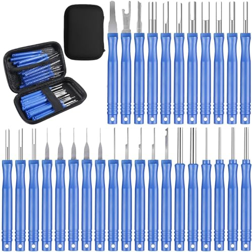 30 Piezas Kit Herramientas Eliminacion Terminales con Caja Protectora, Set Herramienta Extracción Pines Cable Coche, Juego Desmontaje Desbloqueo Automóviles para Mayoría Terminales Conector (Azul)