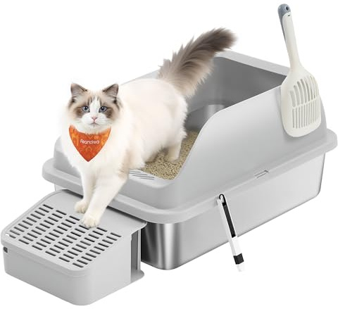 Feandrea Katzenklo Edelstahl, Katzentoilette, offenes Design, mit hohen Seitenwänden, Trittstufe, Schaufel, Bürste, für Katzen bis zu 15 kg, Taubengrau PPT008GD01