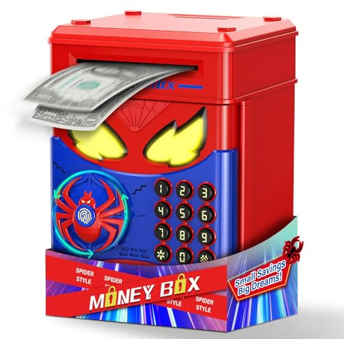 Vubkkty Spider Money Box, Electronic Piggy Bank with Fingerprint Simulation, ATM Password Money Box for Kids Safe Cool Personalised Cash Coins Bank Toys Gifts for 3-12 Year Old Boys Girls, Blue