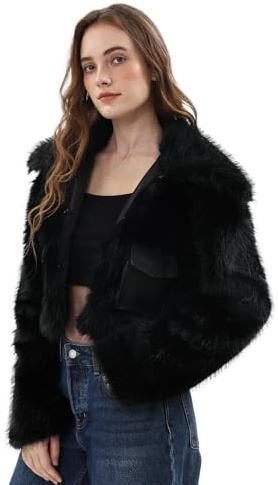 Amazhiyu Cappotto da Donna in Pelliccia Sintetica,Giacca Corta con Revers,Calda e Morbida Cappotti Invernali con Tasche Nero XL