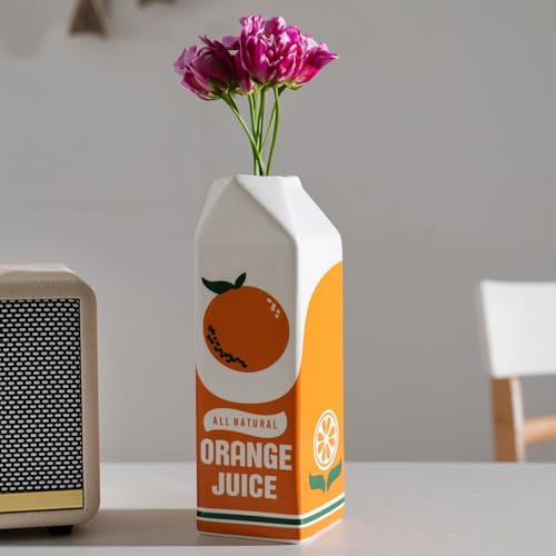 Fhlprte Vintage Orange Juice Vase,Dekorative Keramikvase,2.7×1.3×8.6 in,süße kreative Blumenvasen,Juice Box Vase,Vintage-inspirierte Keramikvase,Einzigartige Heimdekoration,für Wohnzimmer/Küche/Büro