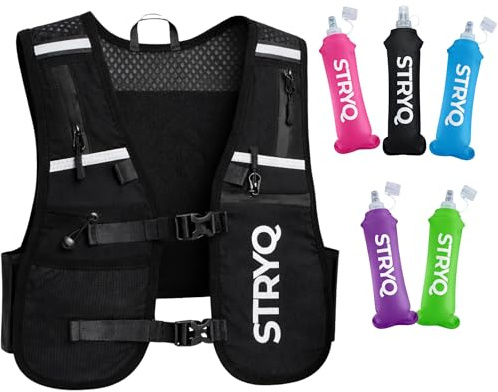 STRYQ Running Vest with Phone Holder, Lightweight Adjustable Reflective Running Vest with Multi Pocket Storage, Hydration Style Running Gear for Marathon and Trail Running