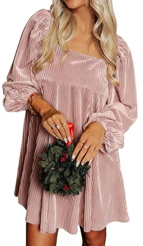miduo Womens Christmas Party Loose Fit Backless Square Neck Balloon Long Sleeve Velvet Mini Babydoll Dress T Shirt Evening Dresses Pink S