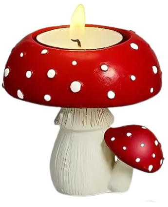 Portavelas con forma de seta – Soporte Tealight 7 cm recipiente vela escultura rojo | Estatua simpático portalámparas perfumado decoración centro de mesa casa regalo estética bosque mágico