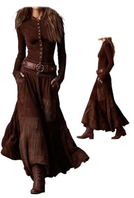 Abito da donna in stile western, vintage, in finta pelle scamosciata, maxi abito a maniche lunghe per l'autunno, casual, fluido, bohémien, country, Marrone rossiccio., M