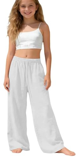 Pantalones de Lino para Niñas y Adolescentes, Estilo Palazzo Largo y Ancho, Talle y Pierna Amplios, Corte Holgado, Tejido Muselina Ligero y Transpirable, Diseño Informal para Uso Diario