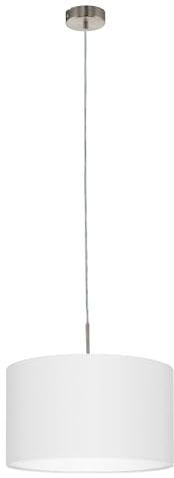 Eglo Lámpara colgante Pasteri, lámpara de techo textil de 1 foco, lámpara colgante de acero y tela, color níquel mate, blanco, portalámparas E27, diámetro 38 cm