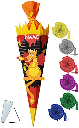alles-meine.de GmbH BASTELSET Schultüte - Drache mit Feuer - 85 cm - incl. Schleife + Name - mit/ohne Kunststoff Spitze - Zuckertüte - Set zum selber Basteln - 6 eckig/sc..